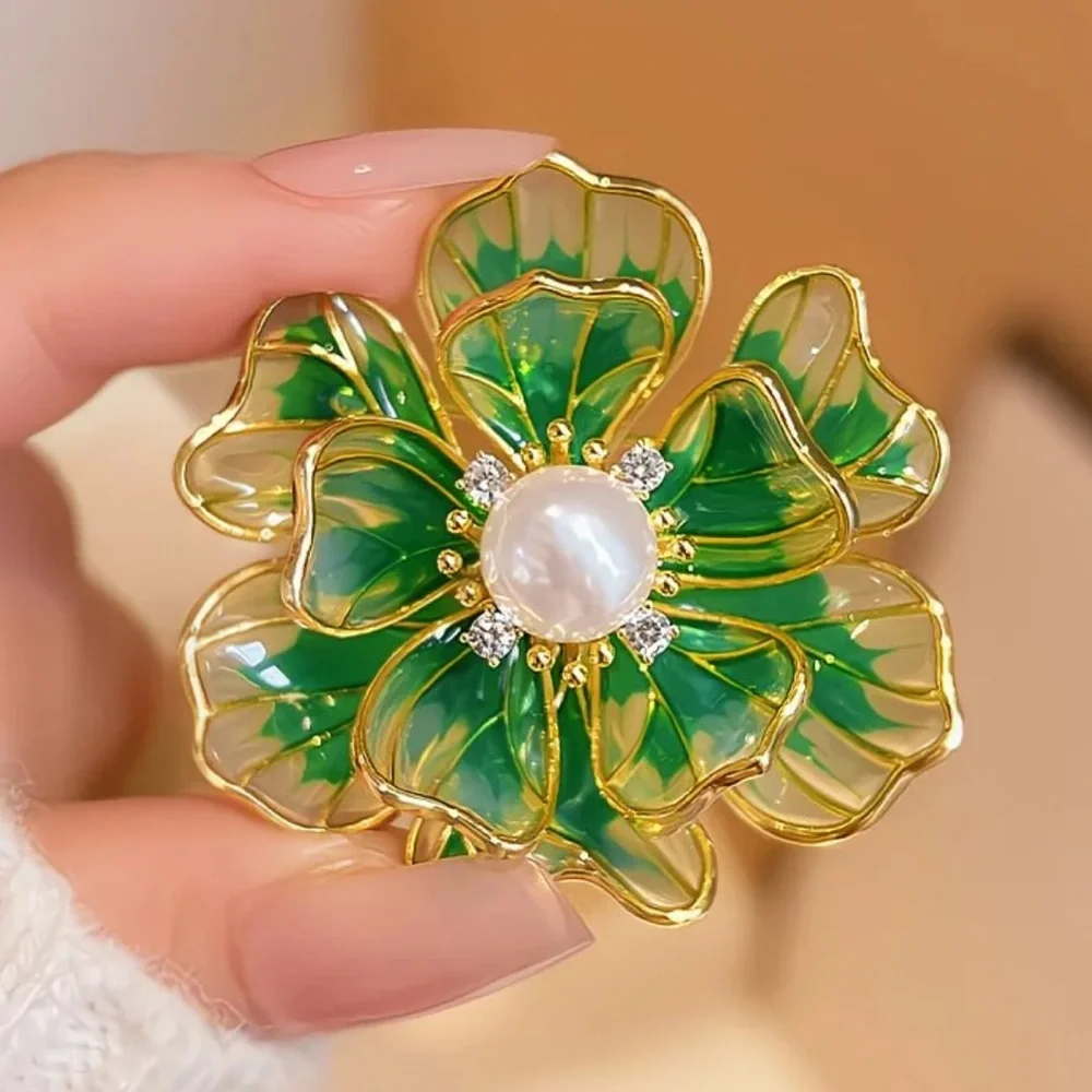 Green Enamel Flower Brooch Pearl Center Elegant Floral Statement Pin